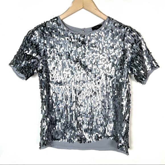 Ann Taylor Factory Tops - Ann Taylor Silver metal/sequined short sleeve shirt top blouse size XXS B115